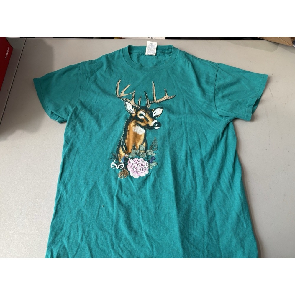 RealTree Deer Leopard Print Teal Graphic Tee Womens M nature